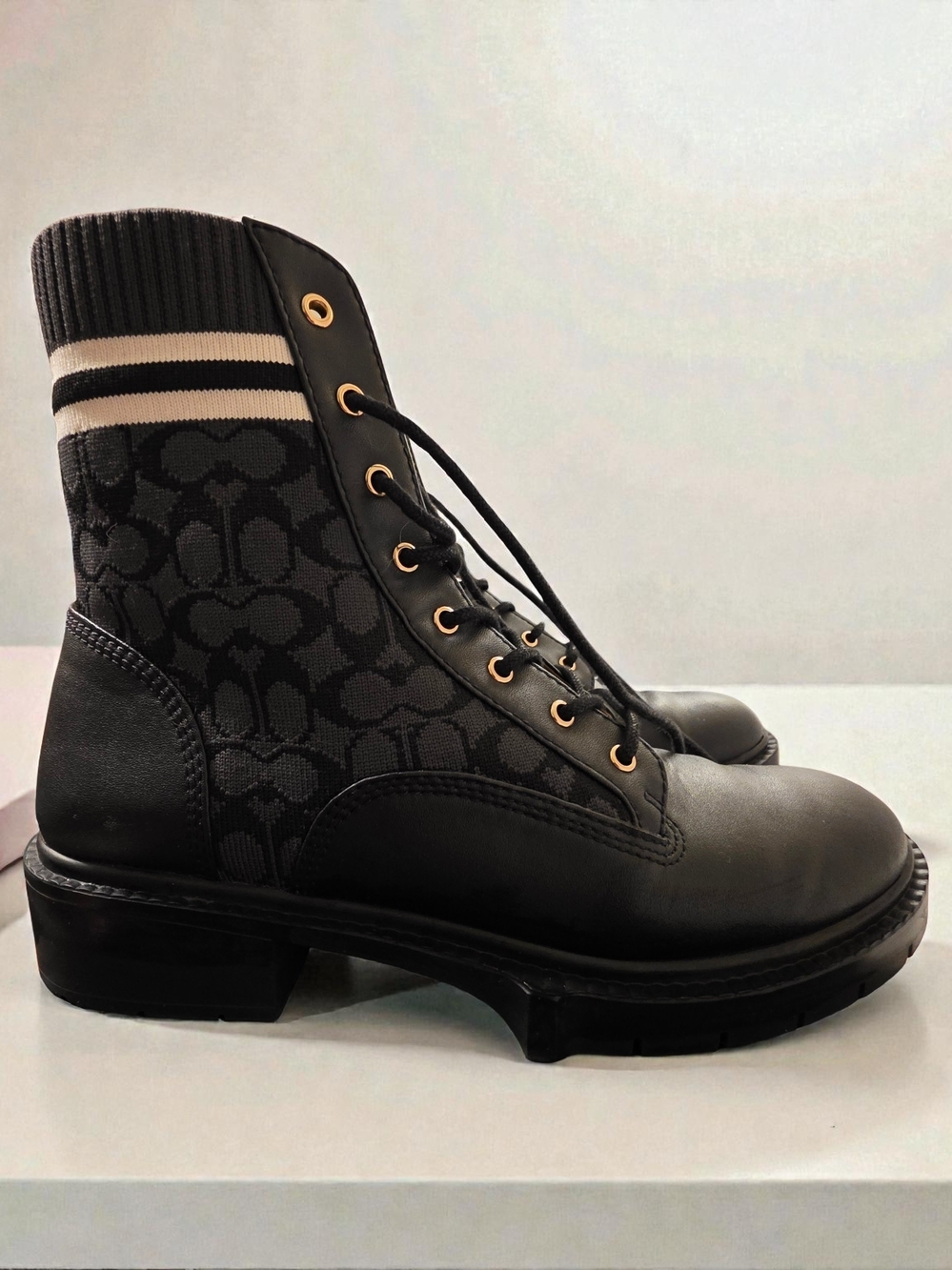 COACH Livia Signature Knit Combat Booties Black Size 8 (With Box) - Picture 6 of 13